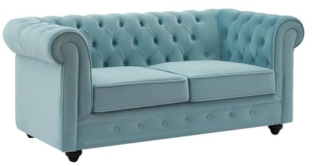 Vente-unique - Sofá Fijo 2 plazas Chesterfield - Terciopelo - Azul Celeste