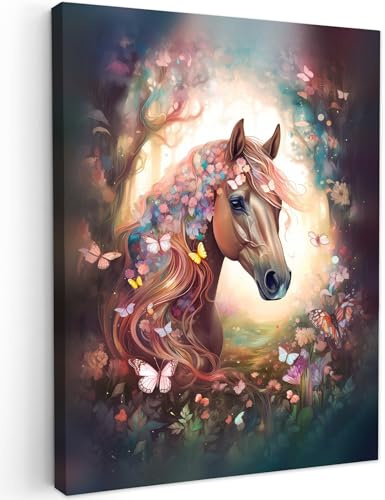 MuchoWow© Leinwände Wall Decoration Bilder Kinderzimmer Mädchen Pictures | 50x70 cm - Canvas Painting Wanddekoration Jugendzimmer Deko Mädchenzimmer Pferde - Natur - Blumen - Schmetterling