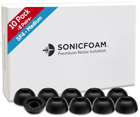 SONICFOAM SF4 Lot de 10/5 paires d'embouts de rechange en mousse à mémoire de forme pour écouteurs avec haut-parleur de diamètre 4,4 à 5,7 mm Noir moyen