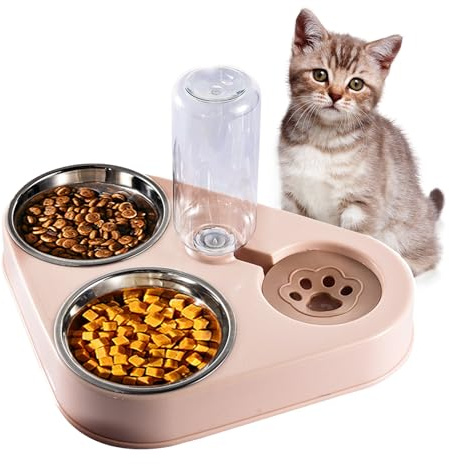 doepeBAE Doppelter Futternapf für Katzen mit Gravity Wasserspender – Ideal für Nass- und Trockenfutter, Automatischer Wasserspender und Futterstation für Haustiere wie Katzen und Hunde (Rosa)