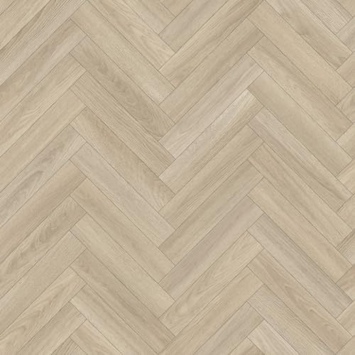 Light Natural Herringbone Siren Vinyl Flooring 4mm Thick Durable Felt Backed Lino Kitchen Bathroom (2m x 2m)