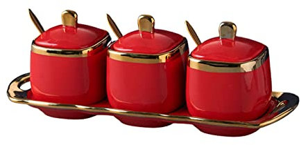 Azucarero de ceramica,recipientes para especias, Phnom Penh Azucarero con tapa y cuchara, 3 juegos de azucarero, tarro de especias, salero, botes de cerámica coloridos for café, azúcar, color rojo, 3