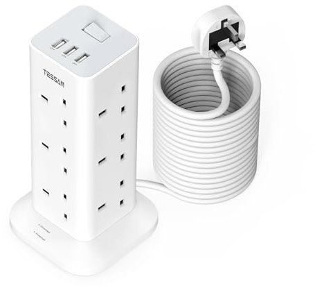 Tower Extension Lead 10M with 3 USB Slots, TESSAN 12 Way Multi Plug Extension Sockets with Long Cable, Surge Protected Power Strip with Switch for Home, Office, Kitchen, School Supplies