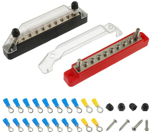 BOJACK Stromverteilerklemme mit Abdeckung, 2 x 6,35 mm (M6) Klemmbolzen, 8 x M4-Klemmschrauben, rot und schwarz, Marine-Batterie-Sammelschienenblock mit Ringklemmen für Automobil, Boot,