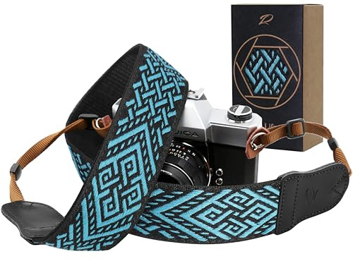 Padwa Lifestyle Kameragurt - 2“ Rindsleder Kopf Kameragurt für Fotografen, Vintage Jacquard Stickerei gewebt Baumwolle verstellbare Schulter Nackenriemen für Kameras, Ferngläser - Fadenkreuz