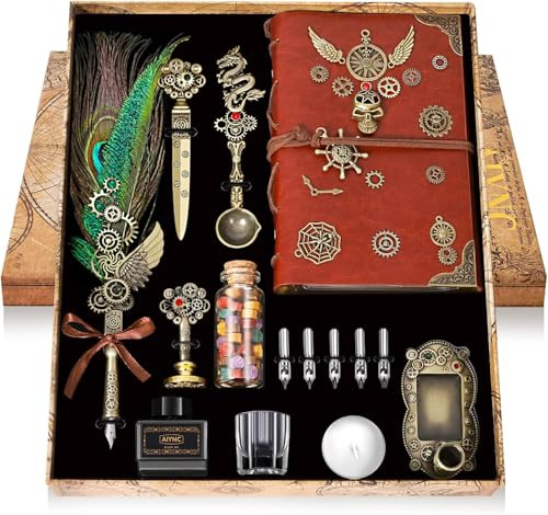 Oauir Gusix Federstift Tinte Set,mit Notebook Wachs-Siegel-Stempel-Kit,Kalligraphie-Set,Ideal Kalligraphie Geschenke für den Urlaub (Peacock Feather)