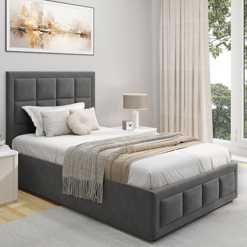 Blisswood Velvet Grey Upholstered Ottoman Bed, Single Bed Frame UKFR Ottoman Storage Bed with Gas Lift End Opening Wooden Slats with Storage Bed (3ft Single 90 x 190, No Mattress)