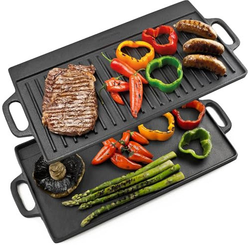 Andrew James Reversible Cast Iron Griddle Pan with Enamel Coating - Non-Stick Grill Plate & Skillet Pan for BBQ, Induction Hob, Gas Hob, Oven & Flat Top Grill - Durable Grilling Skillet Pan with Brush