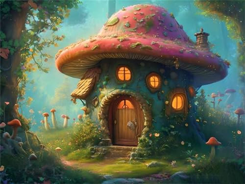 Paint by Numbers for Children, Dream Mushroom House Painting by Numbers Kits, DIY Arts Kits with Brushes and Acrylic Pigment, Paint by Numbers for Adults, Gifts for Women Home Decor 10x14inch I-3890