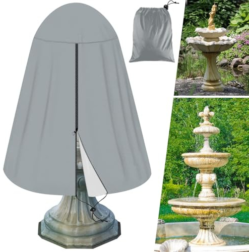 Tryitsbest Brunnenabdeckung, 420D Oxford-Gewebe, Gartenstatue-Abdeckung mit silberfarbener Beschichtung, wasserdichter Brunnenschutz mit Kordelzug für den Winter, Outdoor, Terrasse, Brunnen (Grau -