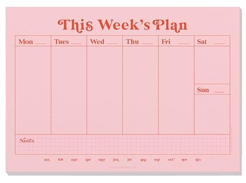 A4 Weekly Planner Pad - Pink & Red Design, 52 Tear-away Pages - Undated Weekly Planner, Section for Important Notes - 100% Recycled and Recyclable Paper - UK Made - Good Tuesday
