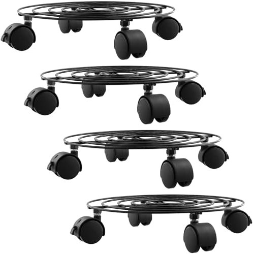 FUNSUEI 4 unidades de 27 cm para plantas, metal negro, redondo, soporte para plantas de metal con ruedas, soporte para plantas para interior y exterior