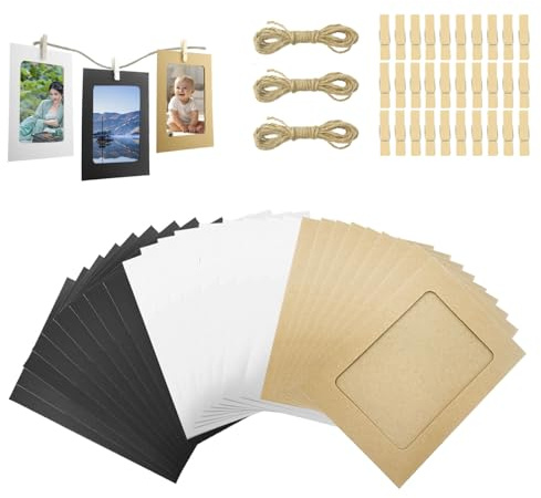 TTQiAnJ 30 Pcs Cornici Portafoto in Cartone,6 Pollici Carta Kraft per Foto DIY,con Mini Clip e Corde di Canapa,per Decorazione di Matrimonio Festa