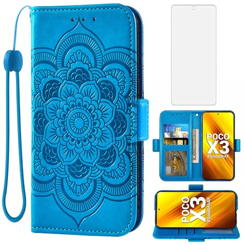 Asuwish Funda para Xiaomi Poco X3/X 3 Pro/PocoX3 NFC con Cristal Templado Protector Pantalla Vidrio Pelicula Protectora Libro Cuero Piel Tarjetero Soporte Mi 3X 5G Tapa Carcasa Móvil Capa Case Azul