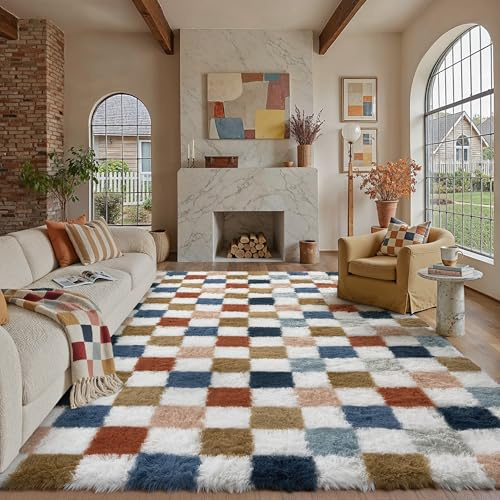 HUGEAR Kariert Flauschig Teppich Wohnzimmer 240x300cm Multicolore Weiß Shaggy Carpet