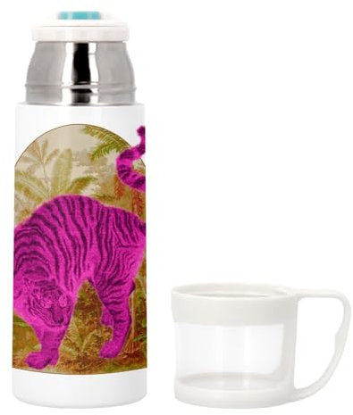 Thermoskanne aus Edelstahl mit integrierter Tasse – rosa Tiger, Japan, Botanisch, Umleitung, Collage, Natur, Dschungel, Vintage, Illustration, Zoomer, Streetwear – 350 ml – Thermosflasche