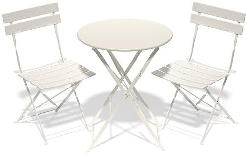 RELAX FIELD Folding Bistro Table and Chairs Set of 2, Balcony Furniture, Outdoor Garden Bistro Set for 2, Small Garden Furniture Set 3 Piece, White