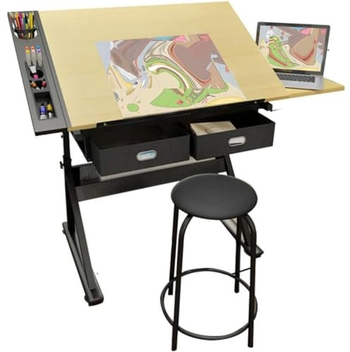Zeichentische, anhebbarer Zeichentisch, Zeichentisch aus massivem Kiefernholz, kann gekippt und flach gelegt Werden, Kunst- und Basteltisch zum Zeichnen, Zeichnen, Schreiben, Lesen
