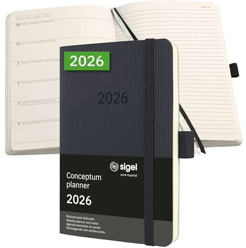 SIGEL C2625 Terminplaner Wochennotiz-Kalender 2026, ca. A6, schwarz, Softcover, 176 Seiten, Gummiband, Stiftschlaufe, Archivtasche, aus nachhaltigem Papier, Kalenderbuch Conceptum
