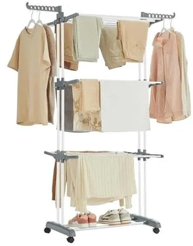 Supfine Étendoir Linge Interieur Pliable Séchoir à Linge sur 3 Niveaux à 4 Roues, étendoir avec Ailes Pliantes, Charge Max: 35 KG, 75x64x170cm (Gris Blanc)