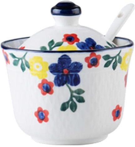 Zuccheriera, zuccheriera, zuccheriera con motivo disegnato a mano con coperchio, zuccheriera in ceramica a forma di tazza da tè, accessori for il caffè, versatore di zucchero, portaoggetti for la cuci