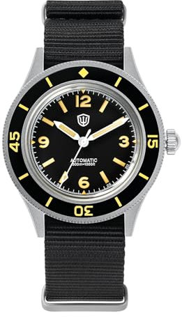 watchdives Taucheruhr für Herren, Vintage WD50 Fathoms NH35 NH38 Automatikuhren, 40 mm, Gewölbtes Glas, 300 m wasserdichte Taucherarmbanduhr, Schwarzes Zifferblatt mit Nylon-Uhrenarmband