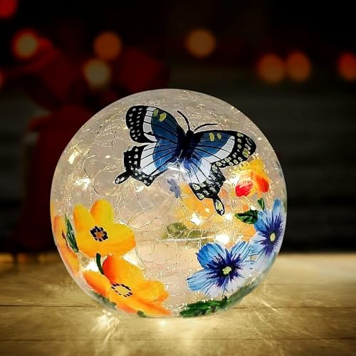 BERSCAH Luce a sfera in vetro con motivo floreale a farfalla, luce notturna LED per interni, lampada da tavolo, lampada decorativa per interni, Natale, compleanno, matrimonio, regalo