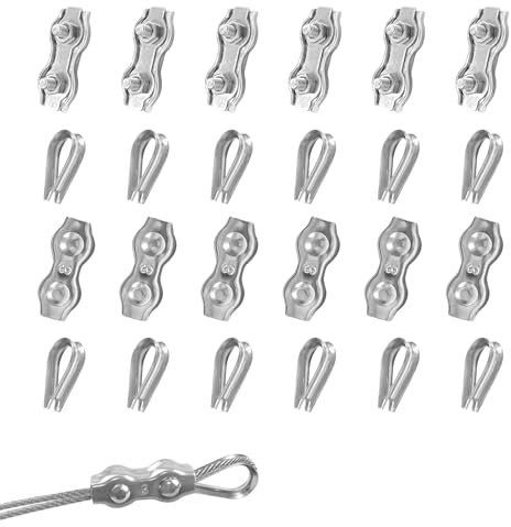 pangdapengpeng 24 Pezzi Morsetto per Fune Metallica, 12 Morsetti Duplex M3 & Fune Metallica Ditale M3, Acciaio Inox 304 Clip per Fune per Cavi D'acciaio, Stendibiancheria (M3)