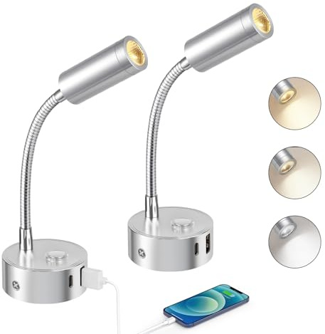 ERWEY 2er LED Leselampe 12V Wohnmobil, Touch Dimmbar 3000K-6000K einstellbare Helligkeit, 360° Flexible Schwanenhals Bettlampe mit USB A+C-Anschlüssen für Boot Wohnwagen Innenbeleuchtung, Silber