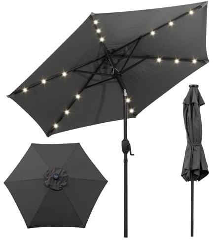 COSTWAY 2.3M/2.7M Lighted Garden Parasol, Outdoor Heavy Duty Umbrella with Tilt, 18 LED Lights, Crank Handle and Vented Canopy, Outdoor Sun-protective Canopy Market Table Umbrella (2.3M, Grey)