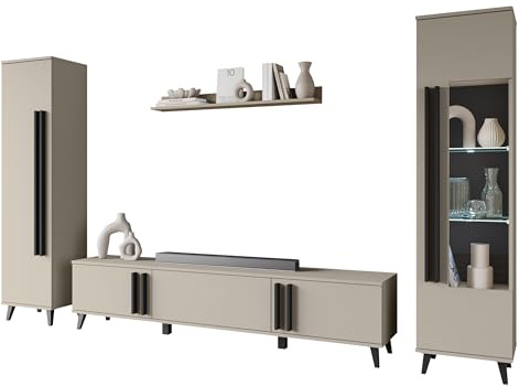 Mirjan24 Hailea II Ensemble de salon comprenant : étagère, vitrine, étagère murale, meuble TV (Congo/graphite noir, avec éclairage LED blanc)