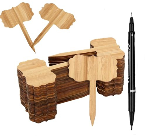 Wooden Plant Labels, Bamboo Garden Markers, Chalkboard Surface and Double Ended Markers ，for Outdoor Plants, Vegetables, DIY and Party Decorations