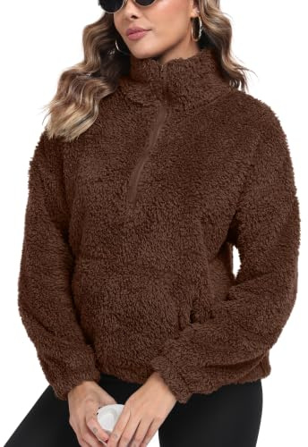 IWOLLENCE Teddy fleecetröjor för kvinnor, Kaffe, XL | Sherpa-Polartröja med halv dragkedja för kvinnor - Vinterkläder med kanguruficka - Varm jacka
