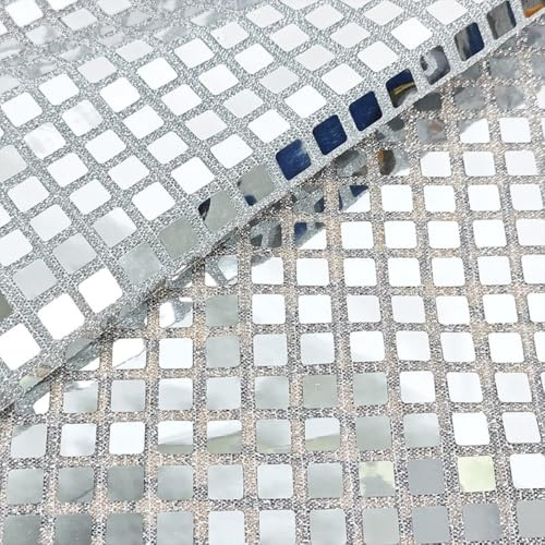 Vayliro 3m x 140cm Discokugel Spiegelstoff Quadratischer Paillettenstoff Bühnendekorationsstoff Glänzend Nähstoffe Meterware Dekostoff Kostümstoff für DIY Basteln Hochzeit Party Bankett,Silber