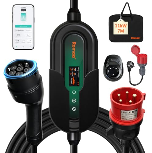 Romaa Mobile Wallbox 11kW mit App, 1,9 LCD Ladegerät mit FI Schutzschalter | [3-Phasig, 7m, 8-16A] Einstellbarer Ladestation, CEE 16A auf Typ 2 Ladekabel, IP66 EV Charger mit Schuko Adapter für E Auto
