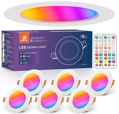 DUSKTEC LED Spots RGB Dimmbar mit Fernbedienung, 7 Watt 660LM, 6 Stück | IP44 LED Einbaustrahler 230V Einbauspots Flach Weiß, Deckenspots mit Farbwechsel, Spots Deckenleuchte Bunt, 68mm-85mm Lochmaß