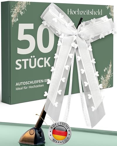 HOCHZEITSHELD Autoschleifen Hochzeit 50 Stück als Auto Deko & Autoschmuck | Weiße Auto Schleifen als Hochzeitsschmuck & Hochzeitsdeko, wetterfest & wiederverwendbar, als Just-Married-Deko der Kolonne