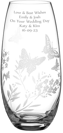 Diamante Engraved Glass Vase, Barrel Shape, 25cm Tall, Etched with Butterflies & Wild Flowers, Personalised With Your Own Heartfelt Message, Gift Boxed
