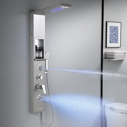 ROVATE LED Rainfall Waterfall Shower Panel Tower System with Shelf, Brushed Shower Column Stainless Steel with Powerful Mist and Massage Body Jets, Handheld, Waterfall Tub Spout