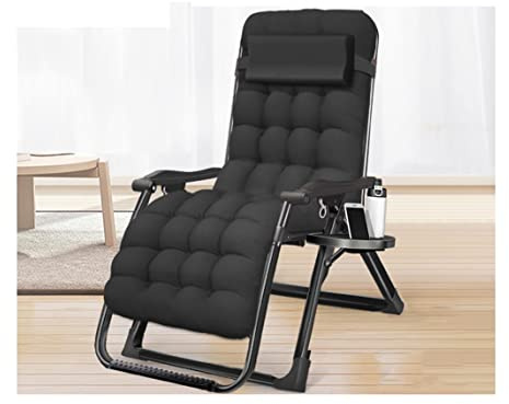 Klappbarer Loungesessel mit Kissen und Getränkehalter, verstellbare Outdoor-Liege für Terrasse, Rasen und Camping, gewebtes Rattan und Stahl, Schwarz mit Kissen