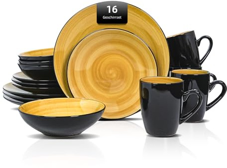 Juego de vajilla Sonoma de 16 piezas de gres, exterior negro + interior pintado a mano en amarillo con motas