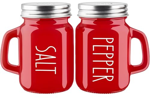 Salt Shaker, Salt and Pepper Shakers Set, Red and Pepper Shakers with Small Handle 120ml Glass Shaker with Stainless Steel Lids Modern and Cute Kitchen Counter Decor, and Set