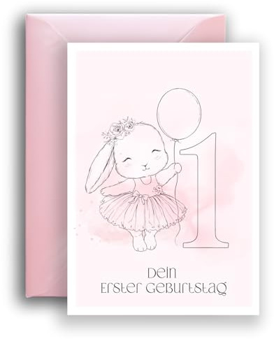 WBdesignz Erster Geburtstag Karte mit rosa Umschlag - süßer Ballerina-Hase mit Ballon & Zahl - liebevolle Glückwunschkarte zum 1. Geburtstag für Mädchen - für Eltern, Freunde & Kleinkinder(DIN A6)