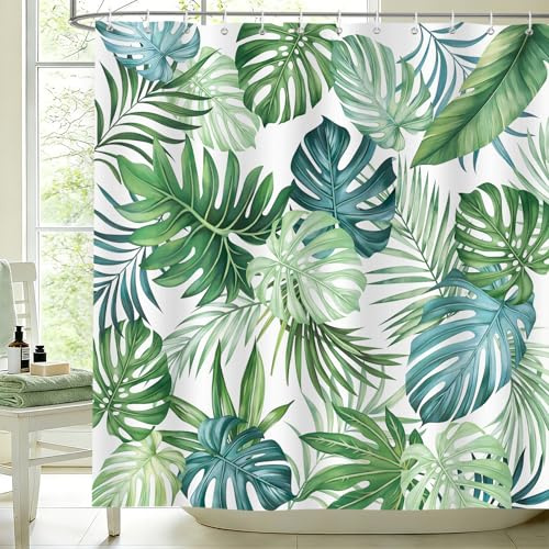 hometrixx Tenda Doccia 180x200 Tropicale Giungla Foglie Monstera Verde Blu | Impermeabile Poliestere, Antimuffa, Anti Grince, Tenda Vasca da Bagno con 12 Ganci, Lavabile in Lavatrice per Casa Hotel