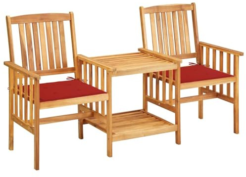 QUAHEAS Gartenstühle mit Teetisch und Kissen, Akazie Massivholz, Ölfinish, 2-Sitzer Bistro-Set für Terrasse und Garten, Rot