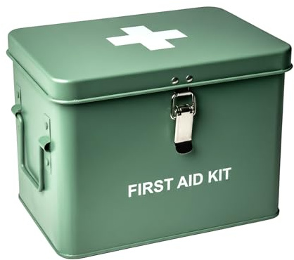 Crystals Vintage First Aid Storage Canister – Metal Square Box with Airtight Seal, Green Medicine Storage Tin, Durable & Stylish Organiser for Home, Office, Travel & Emergency Supplies