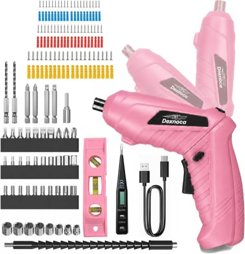 Dexnoca Electric Screwdriver, Portable Cordless Drills 3.6V, 1/4” Chuck Mini Screwdriver Kit, Dual Position Handle, LED Light for DIY Tools, Women, Housewarming Gift, 171pcs, Pink