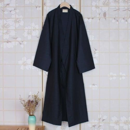 Zenllihome Ropa de noche larga, bata tipo kimono de algodón para hombre, bata de baño japonesa Yukata casual, ropa de descanso, bata de dormir azul marino, abrigo de casa, bata de algodón negro, gris
