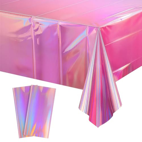 YEAMLTE Tovaglie in Plastica Iridescente Olografica, 2 PCS Tovaglia Compleanno Bambina, Lucida per Decorazioni, 137 x 274 cm Tovaglia Rettangolare, per Feste di Compleanno a Tema, Discoteca (Rosa)