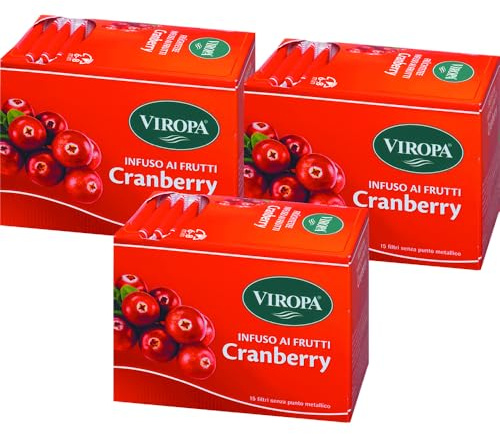 VIROPA Cranberry Bio Infuso alla Frutta, 3 Confezioni da 15 Bustine, Totale 45 Filtri, Tisana Biologica al Cranberry con Ibisco, Rosa Canina, Mela, Arancia e Liquirizia, Senza Glutine